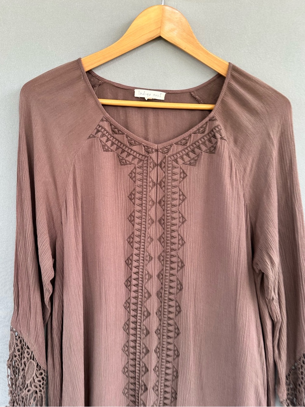 indigo soul Brown Crochet-Trim Tassel Hem Blouse - Picture 5 of 10